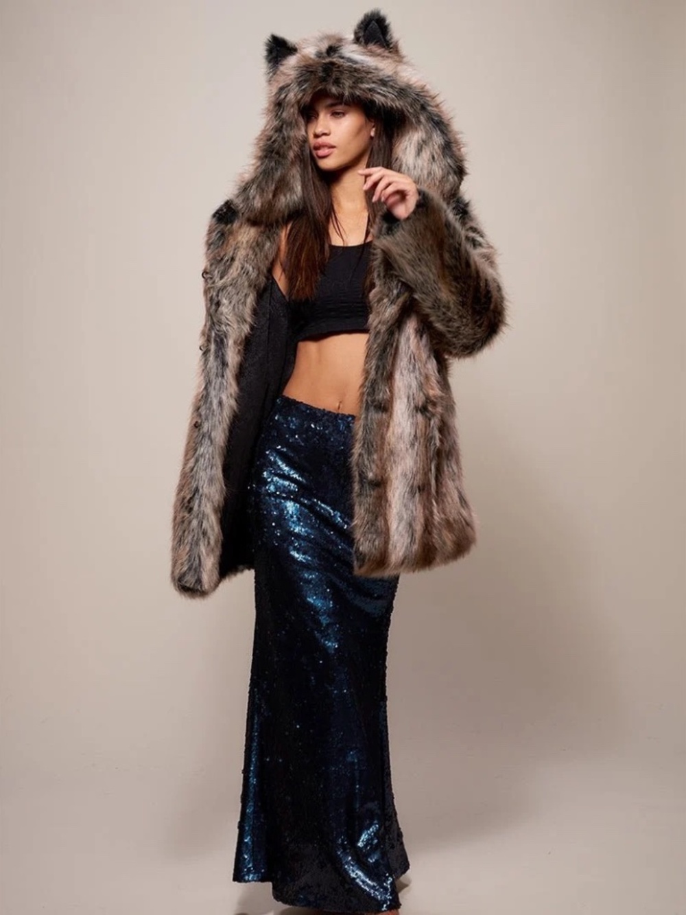 Spirithoods Grey wolf coat women's faux fur hood with ears gray black brown XL
